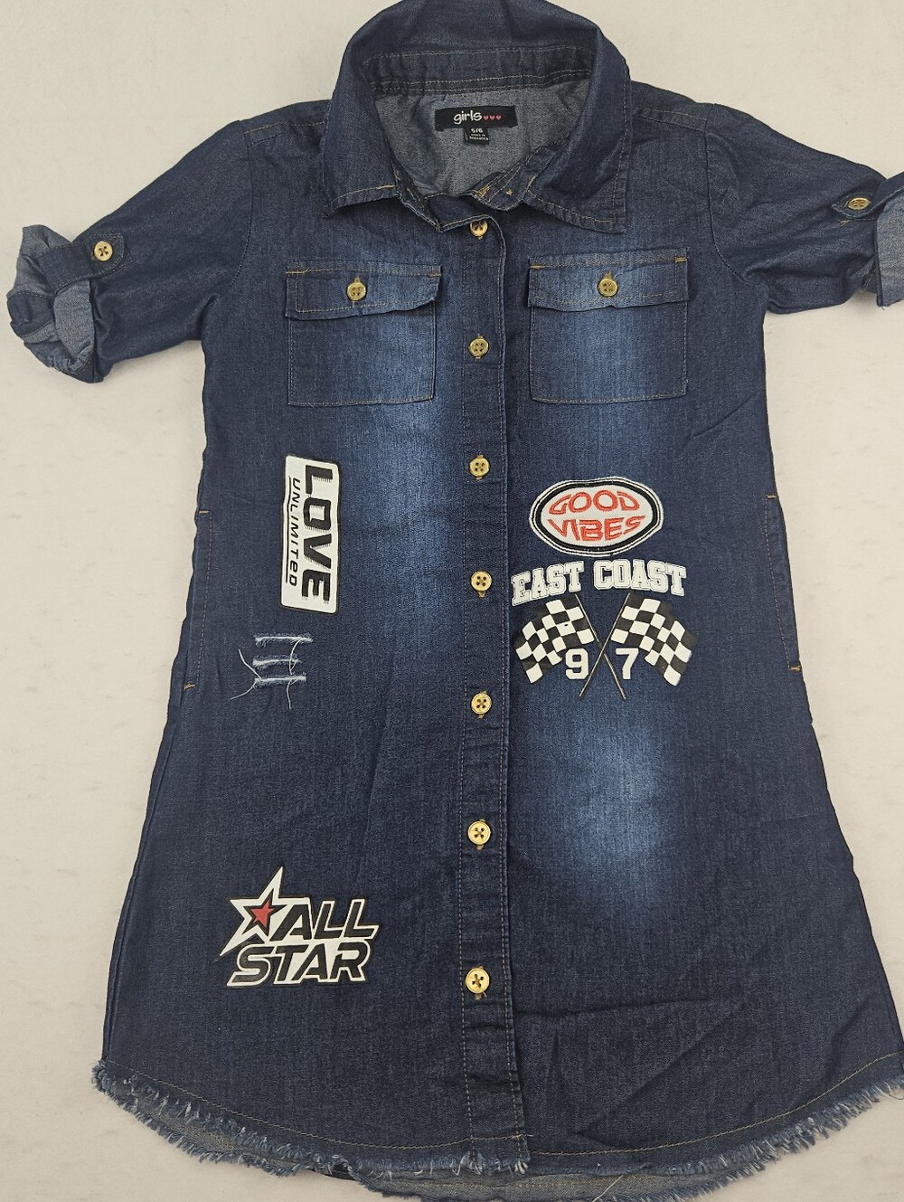 GIRLS🩷🩷🩷 Denim Patch Shirt Dress Blue Jeans Design Be Yourself Size 5/6